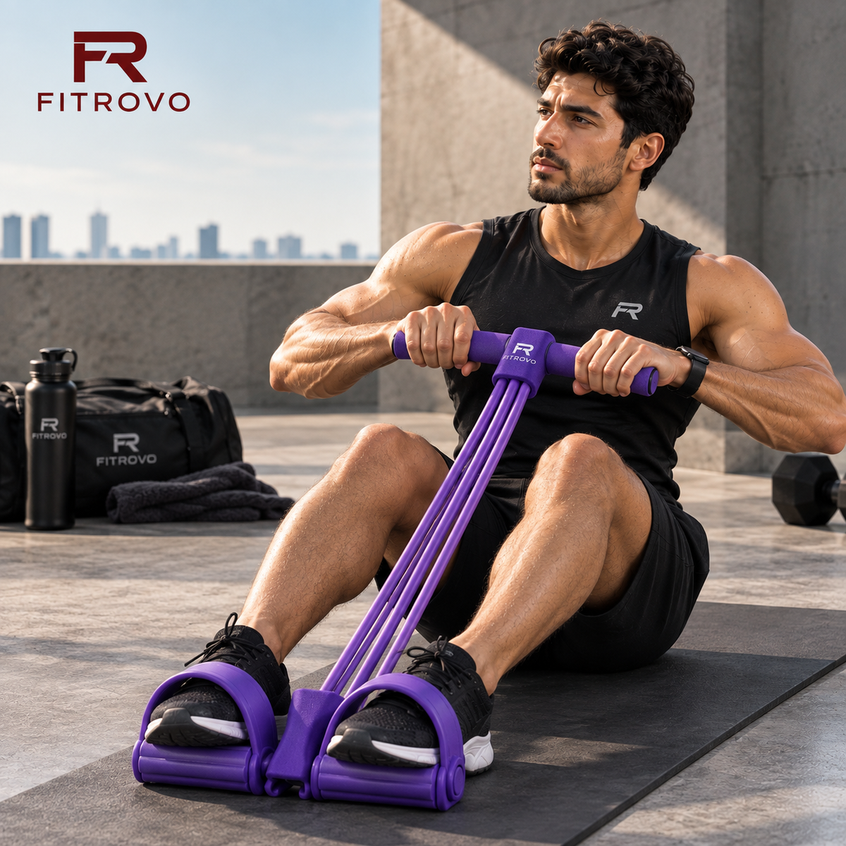 Man and woman using FITROVO PowerPull resistance bands outdoors on a rooftop at sunset