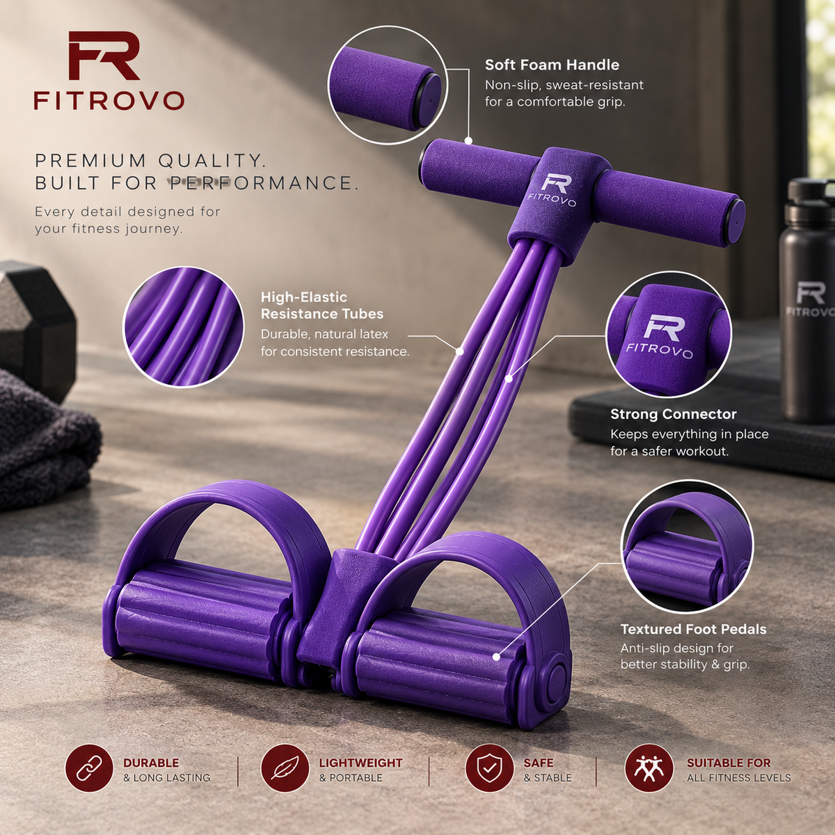 FITROVO PowerPull resistance trainer with foot pedals and handle bar, close-up view