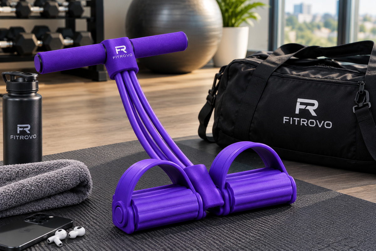 FITROVO PowerPull product feature icons: build strength, tone and tighten, home workouts, compact and portable